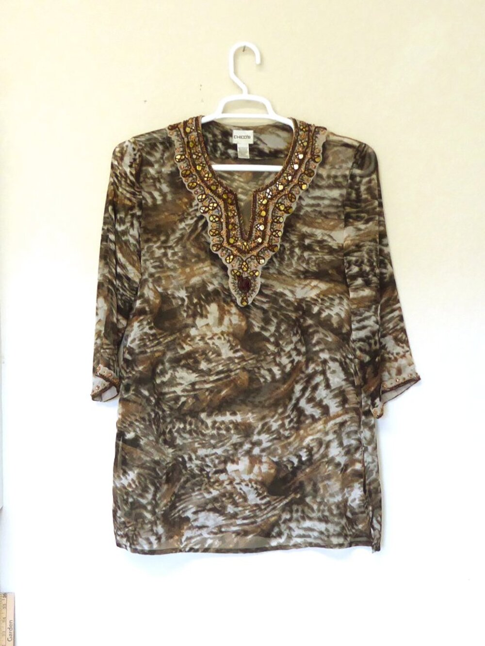 Chico's brown white feather print chiffon beaded copper yellow shell tunic top L